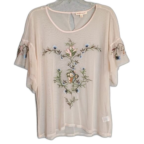 Grand & Greene Pink Mesh Sheer Flutter Sleeve Embroidered Top Women's XL - Picture 1 of 6